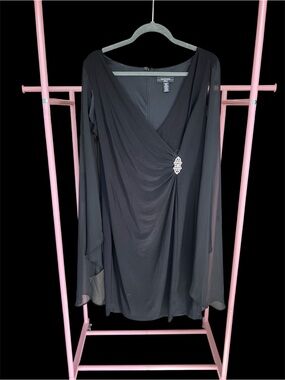 Black Evening Dress with Draped Chiffon Overlay/Cape Sleeves & Rhinestone Brooch